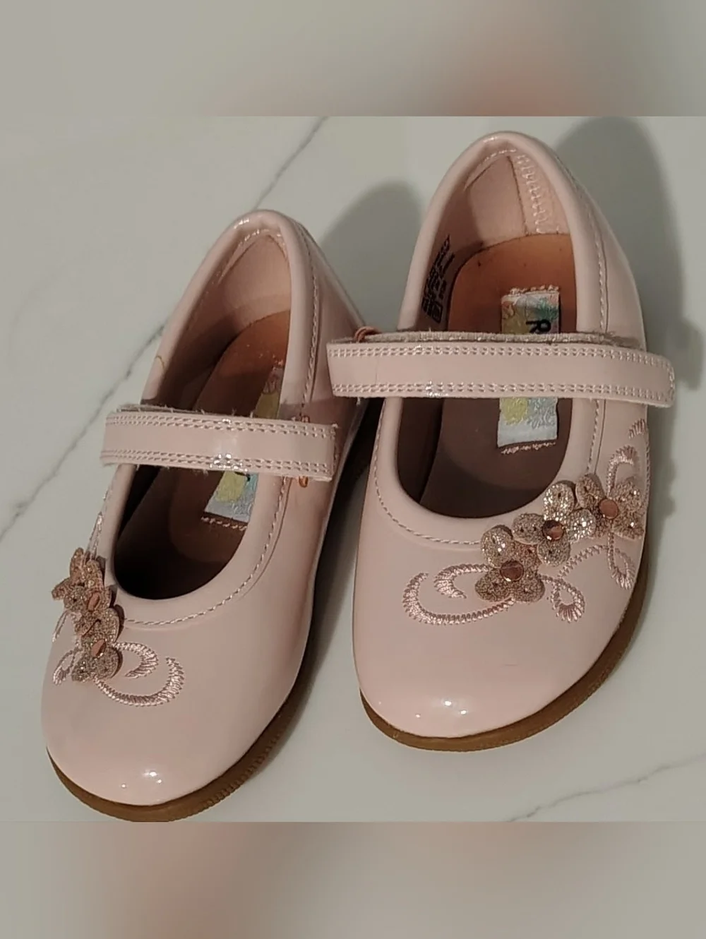 Rachel Ballet Pink Patent Mary Jane Dress Shoes w Floral Beading Toddler Sz 7